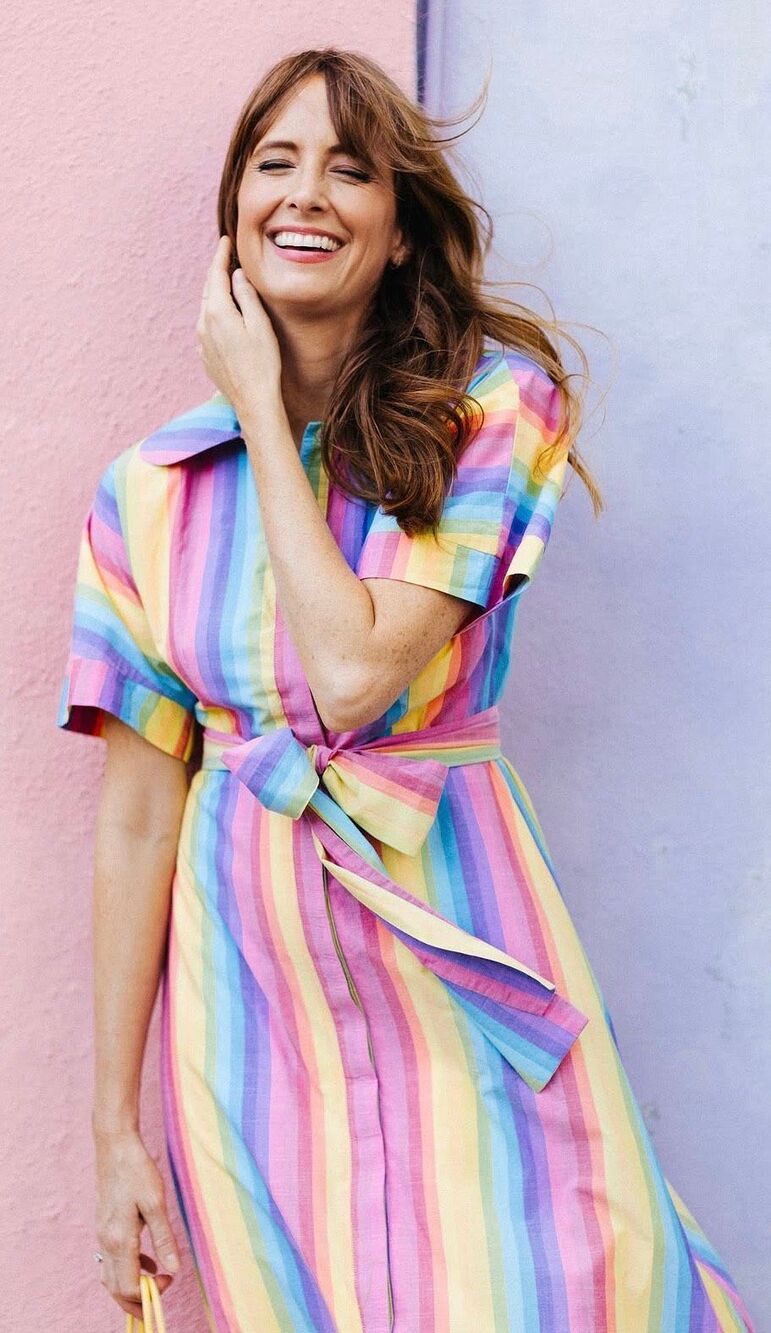 Limited edition Rare BURU Donna Day Gown in Rainbow, med coastal designer statem